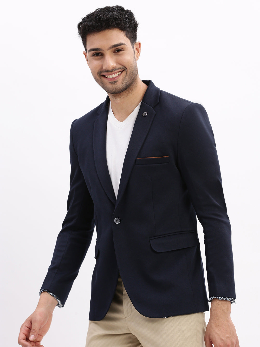 Men Solid Navy Blue Single Breasted Blazer