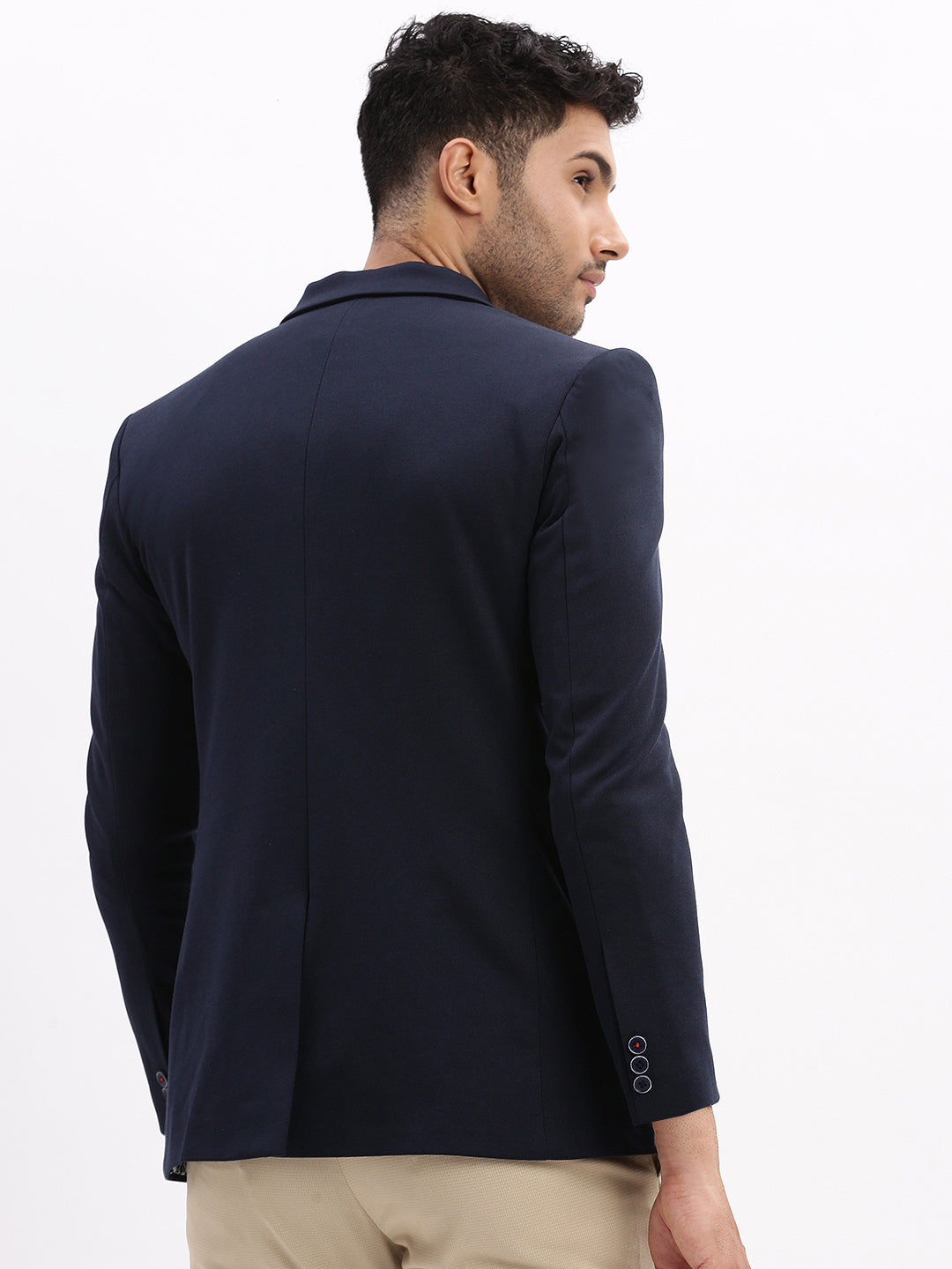 Men Solid Navy Blue Single Breasted Blazer