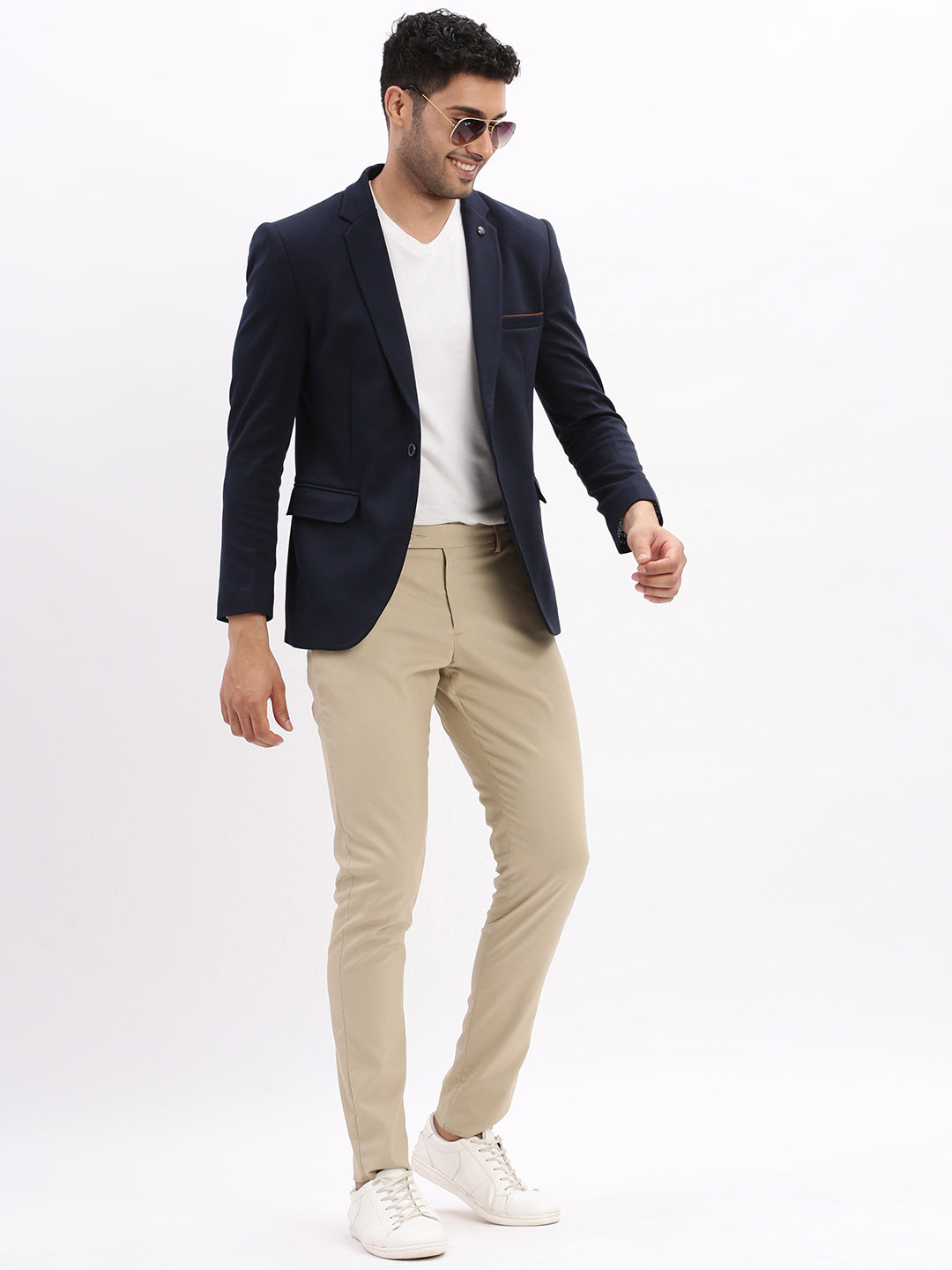 Men Solid Navy Blue Single Breasted Blazer