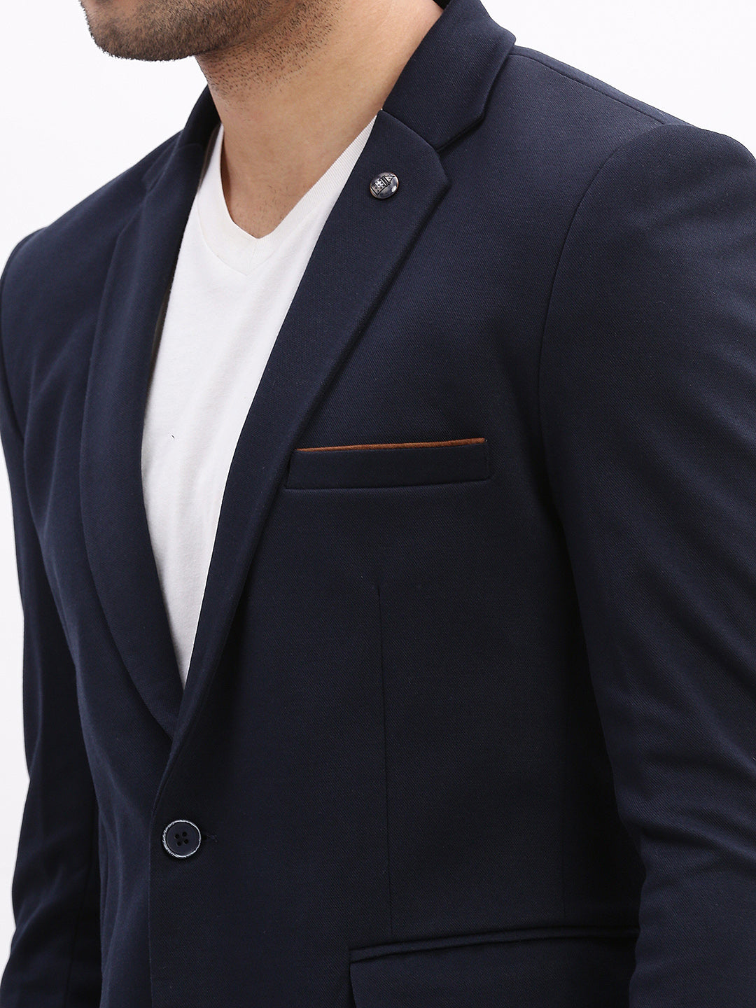 Men Solid Navy Blue Single Breasted Blazer