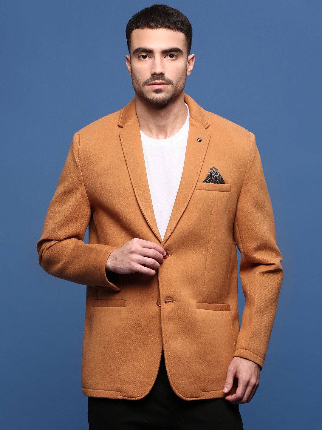 Men Camel Brown Solid Single Breasted Blazer