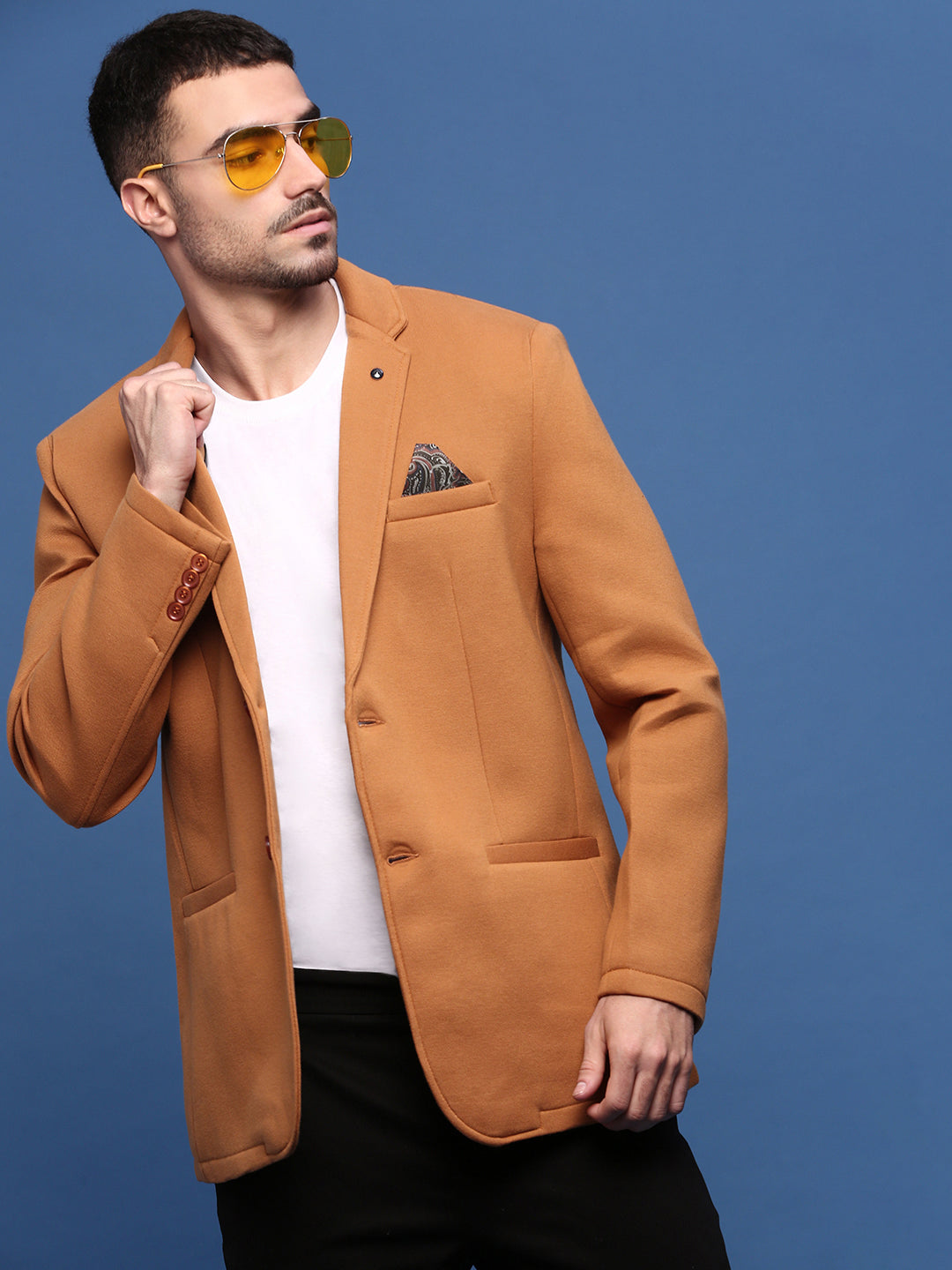 Men Camel Brown Solid Single Breasted Blazer