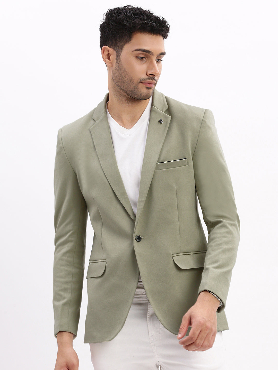 Men Solid Sea Green Single Breasted Blazer