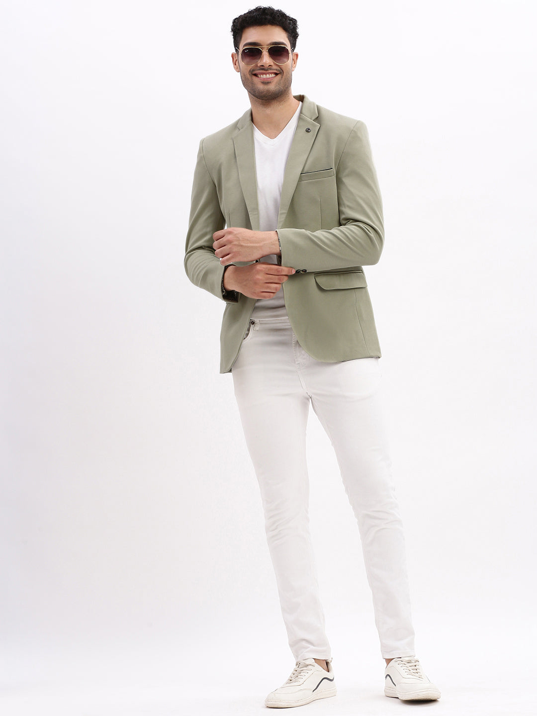 Men Solid Sea Green Single Breasted Blazer