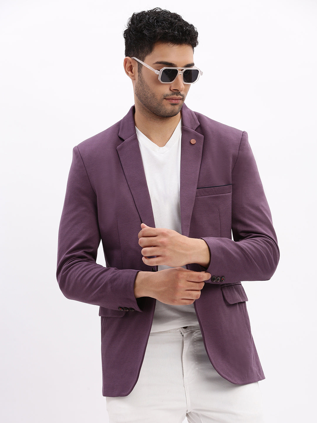 Men Solid Violet Single Breasted Blazer