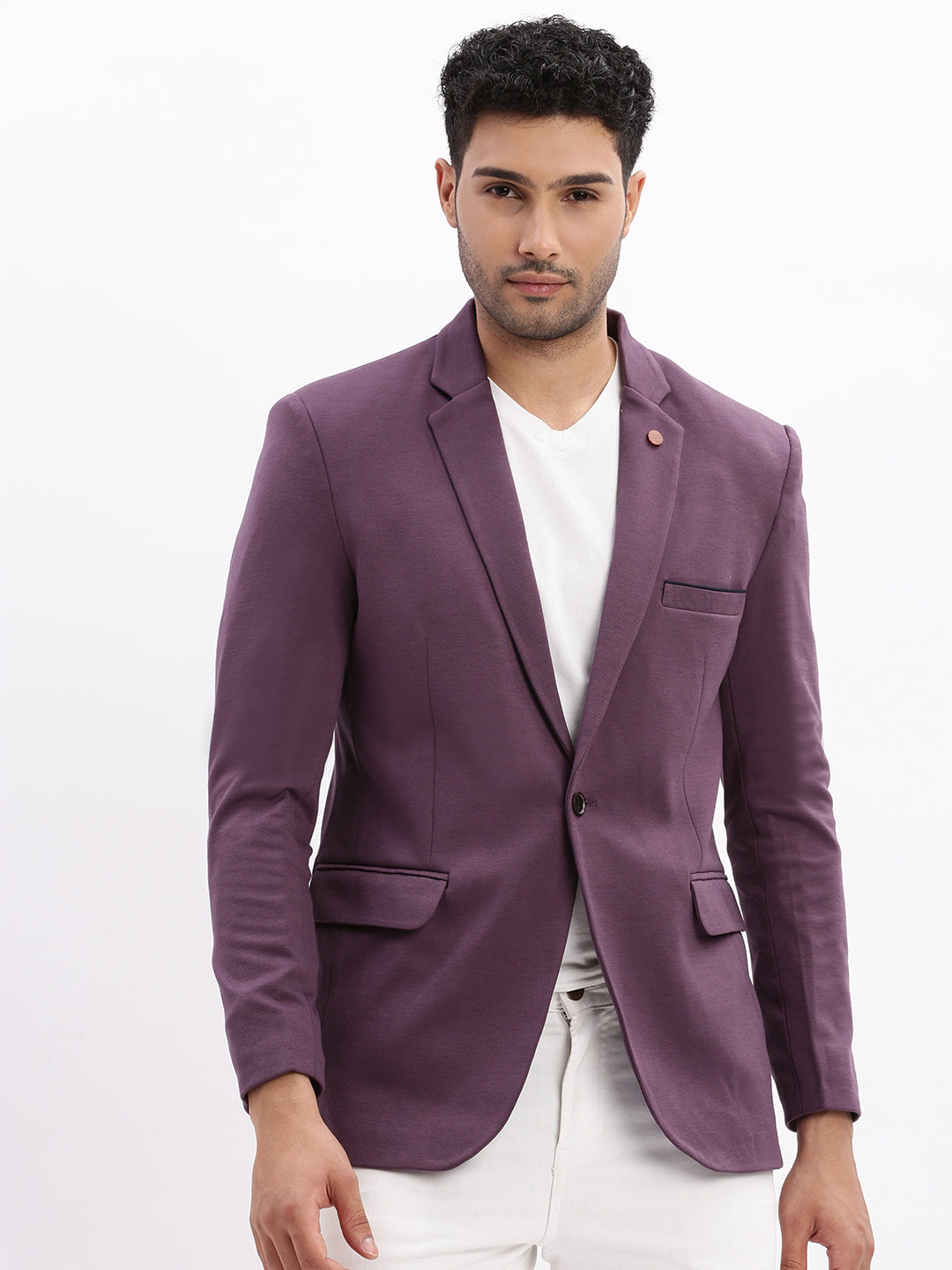 Men Solid Violet Single Breasted Blazer