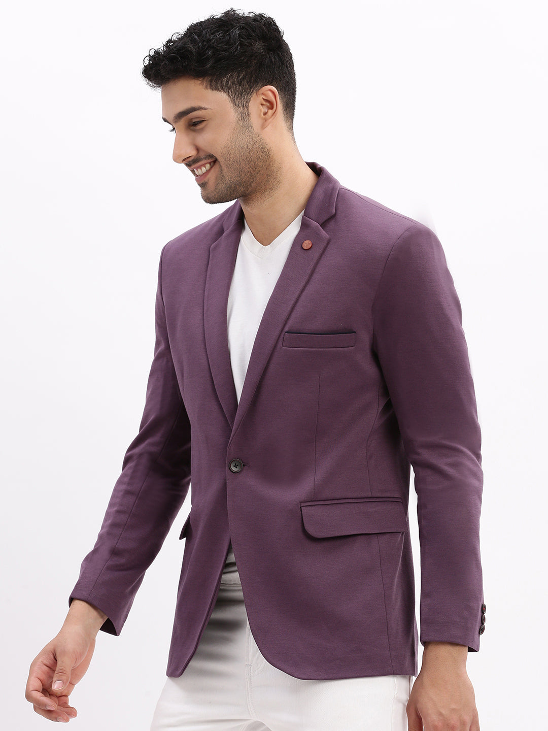 Men Solid Violet Single Breasted Blazer