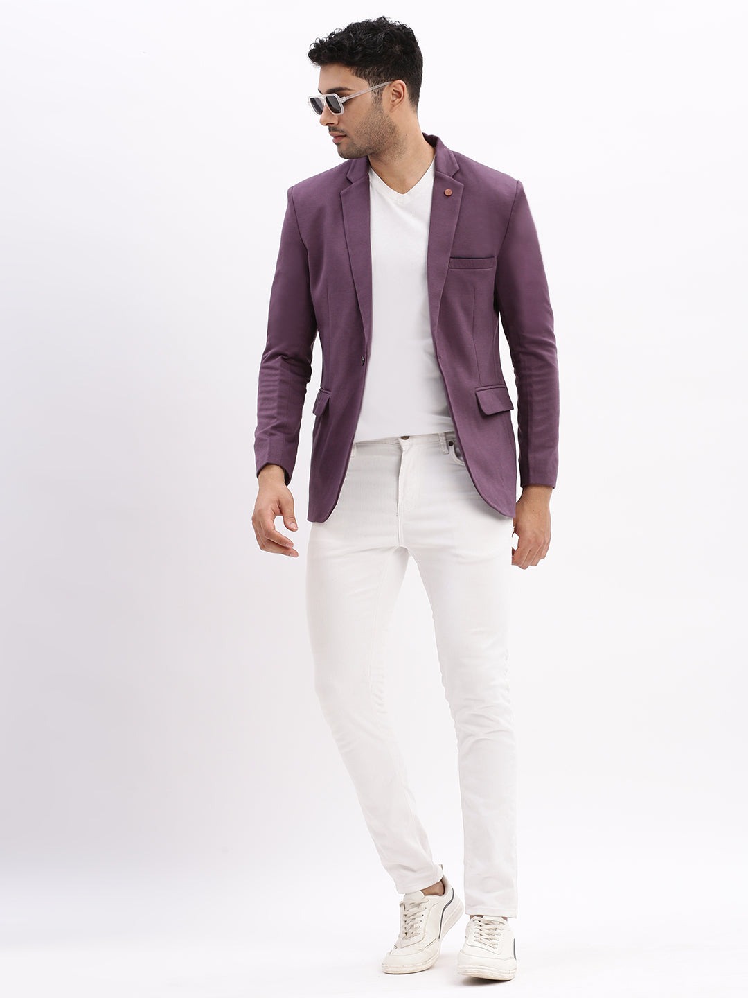 Men Solid Violet Single Breasted Blazer