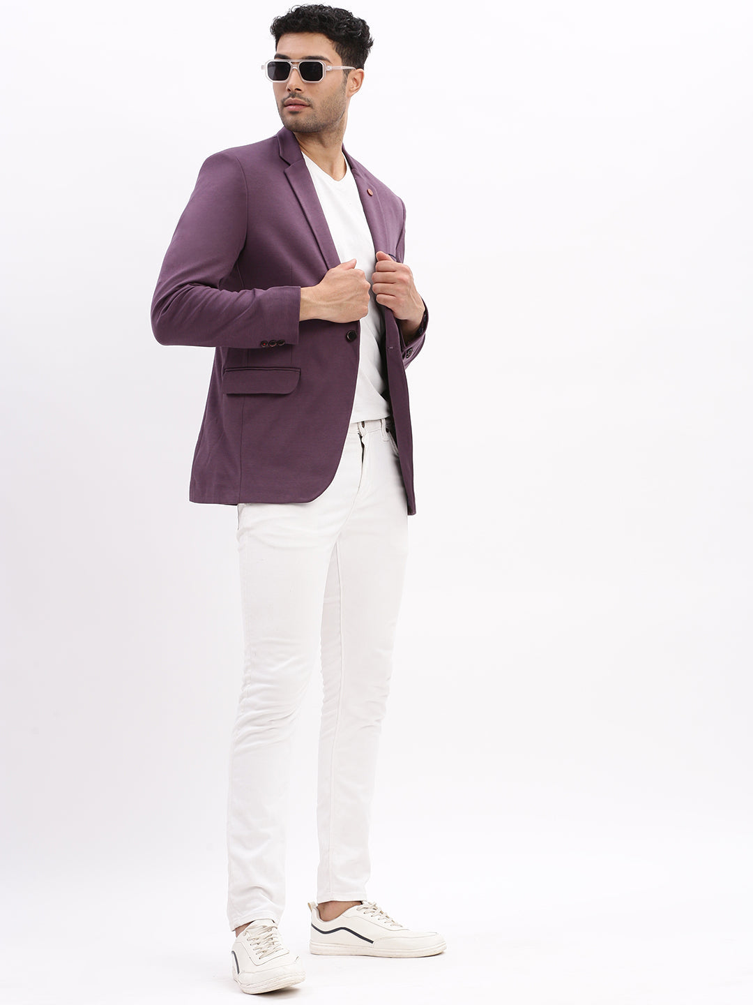 Men Solid Violet Single Breasted Blazer