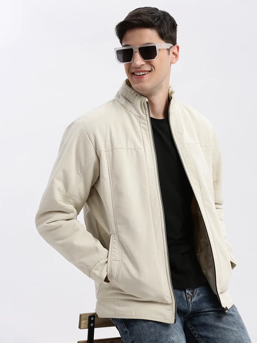 Men's Solid Mock Collar Cream Bomber Jacket