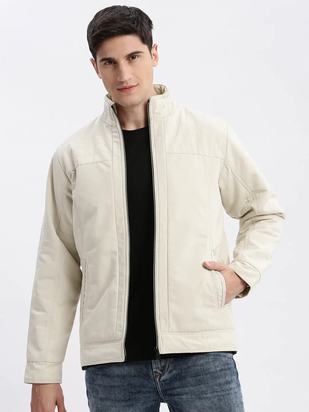 Men's Solid Mock Collar Cream Bomber Jacket