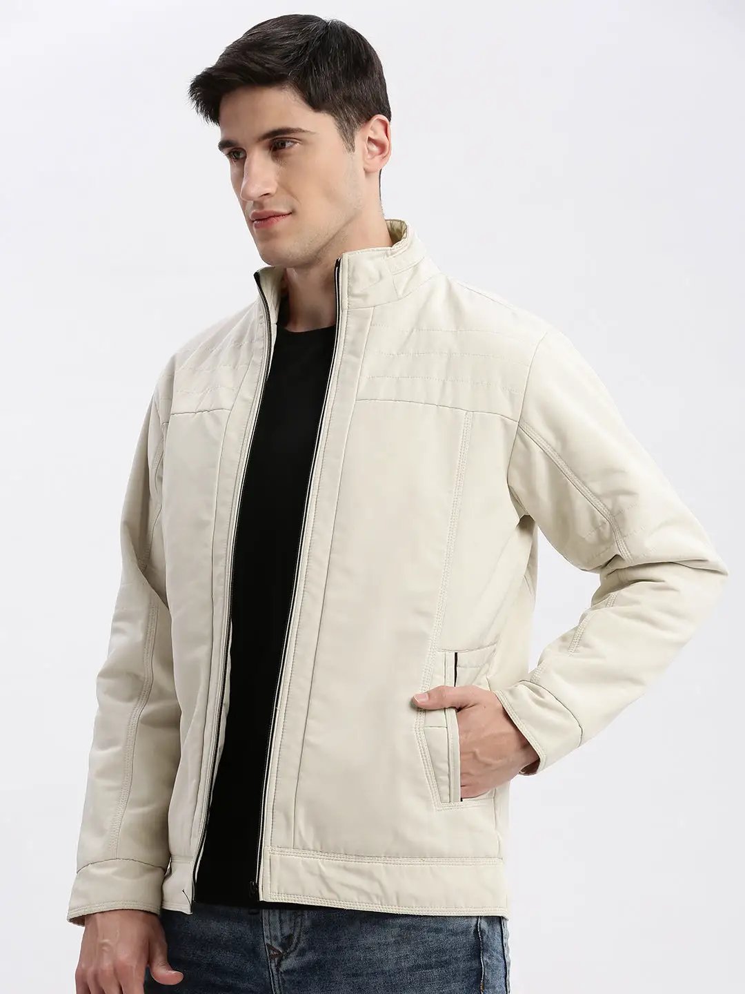 Men's Solid Mock Collar Cream Bomber Jacket