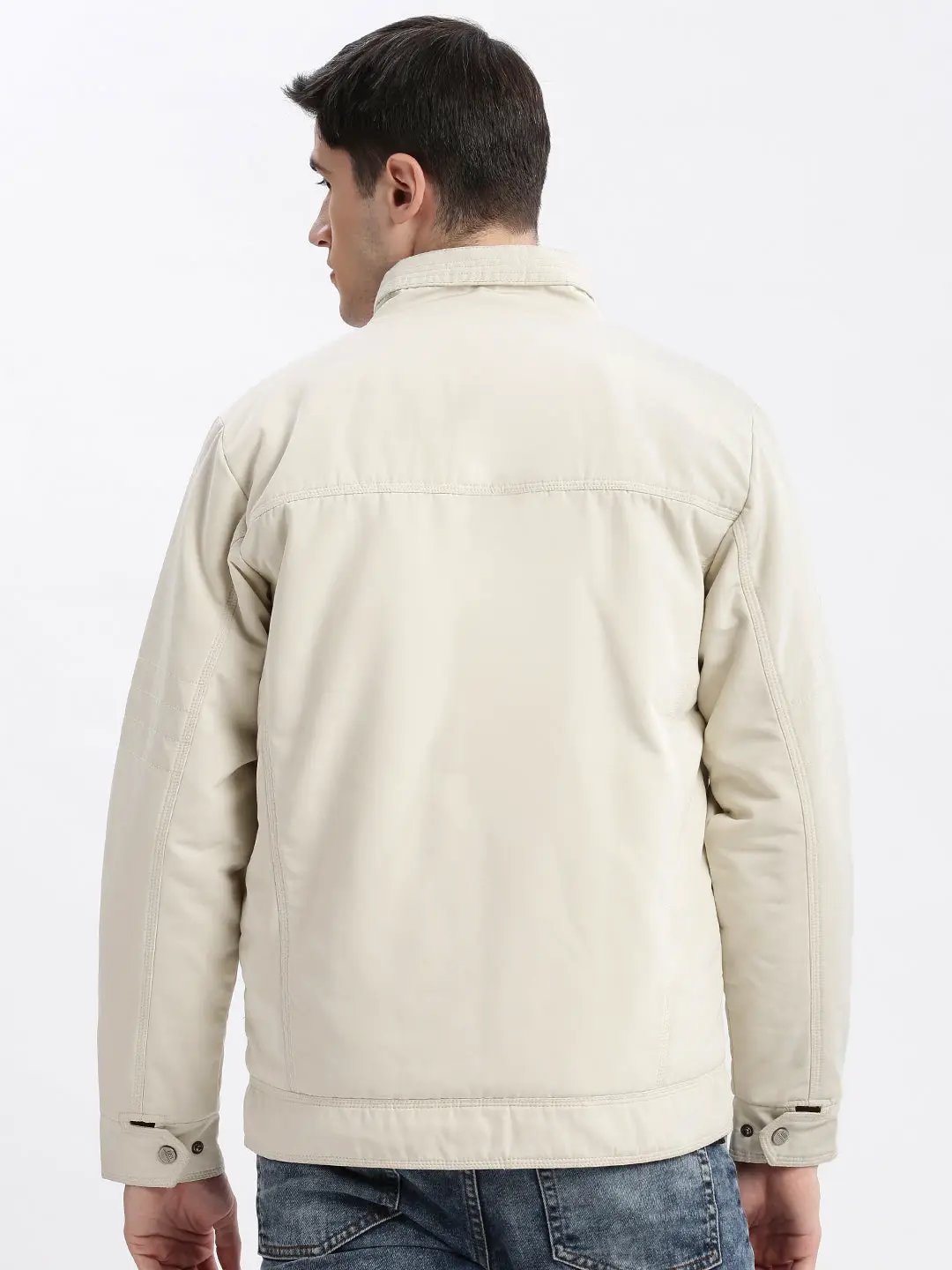 Men's Solid Mock Collar Cream Bomber Jacket