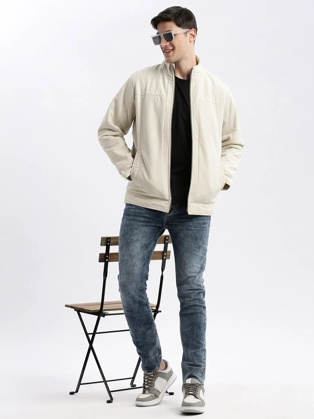 Men's Solid Mock Collar Cream Bomber Jacket