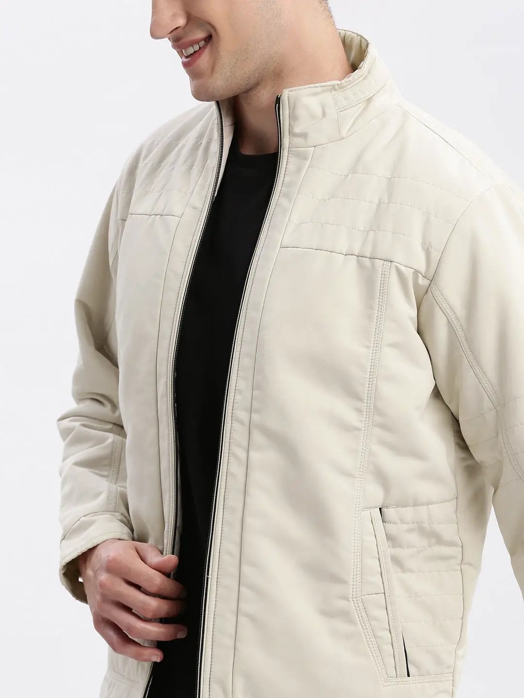 Men's Solid Mock Collar Cream Bomber Jacket