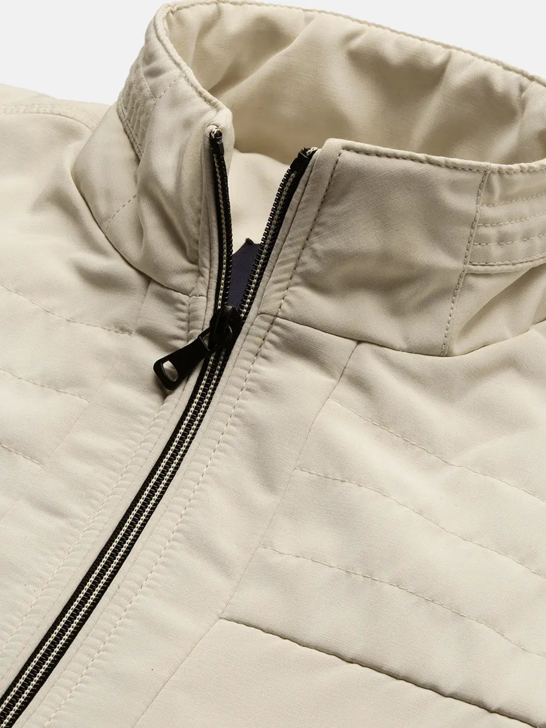 Men's Solid Mock Collar Cream Bomber Jacket