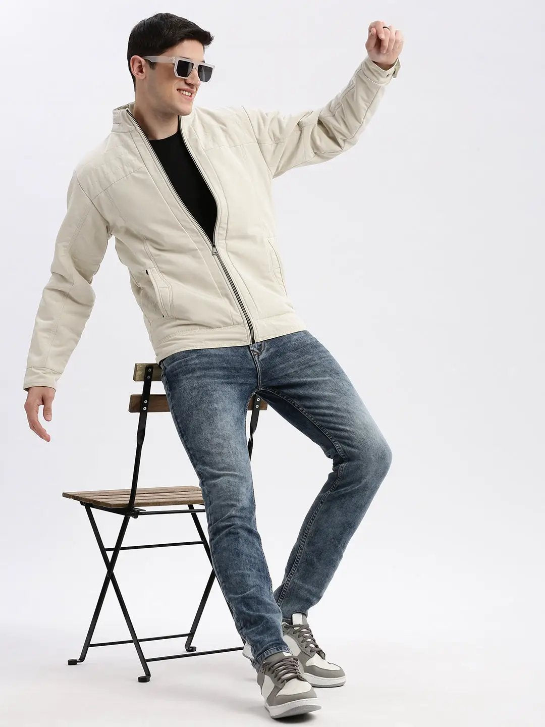 Men's Solid Mock Collar Cream Bomber Jacket
