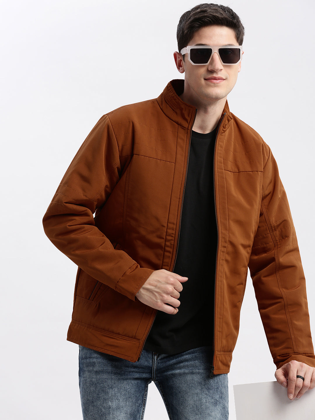 Men Solid Mock Collar Rust Bomber Jacket