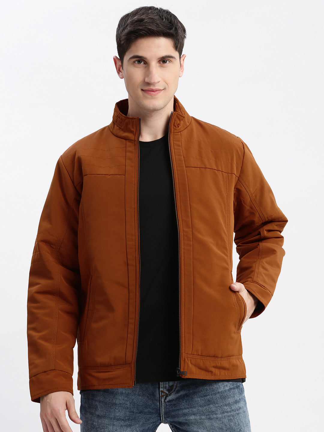 Men Solid Mock Collar Rust Bomber Jacket