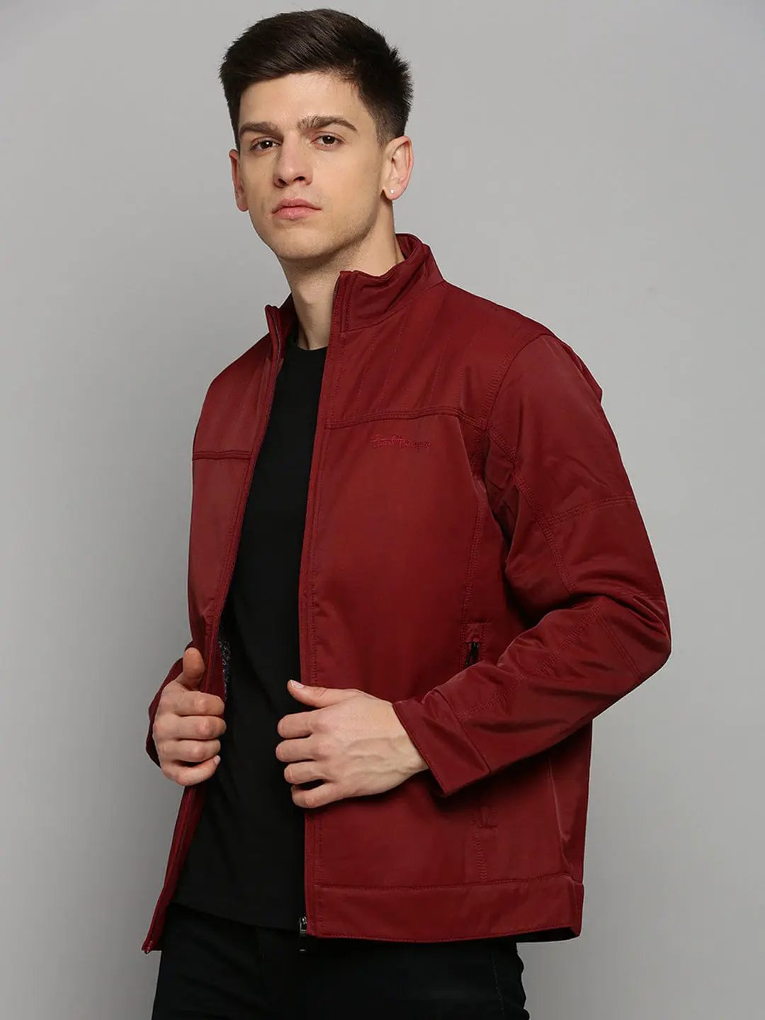 Men's Mock Collar Solid Maroon Padded Jacket