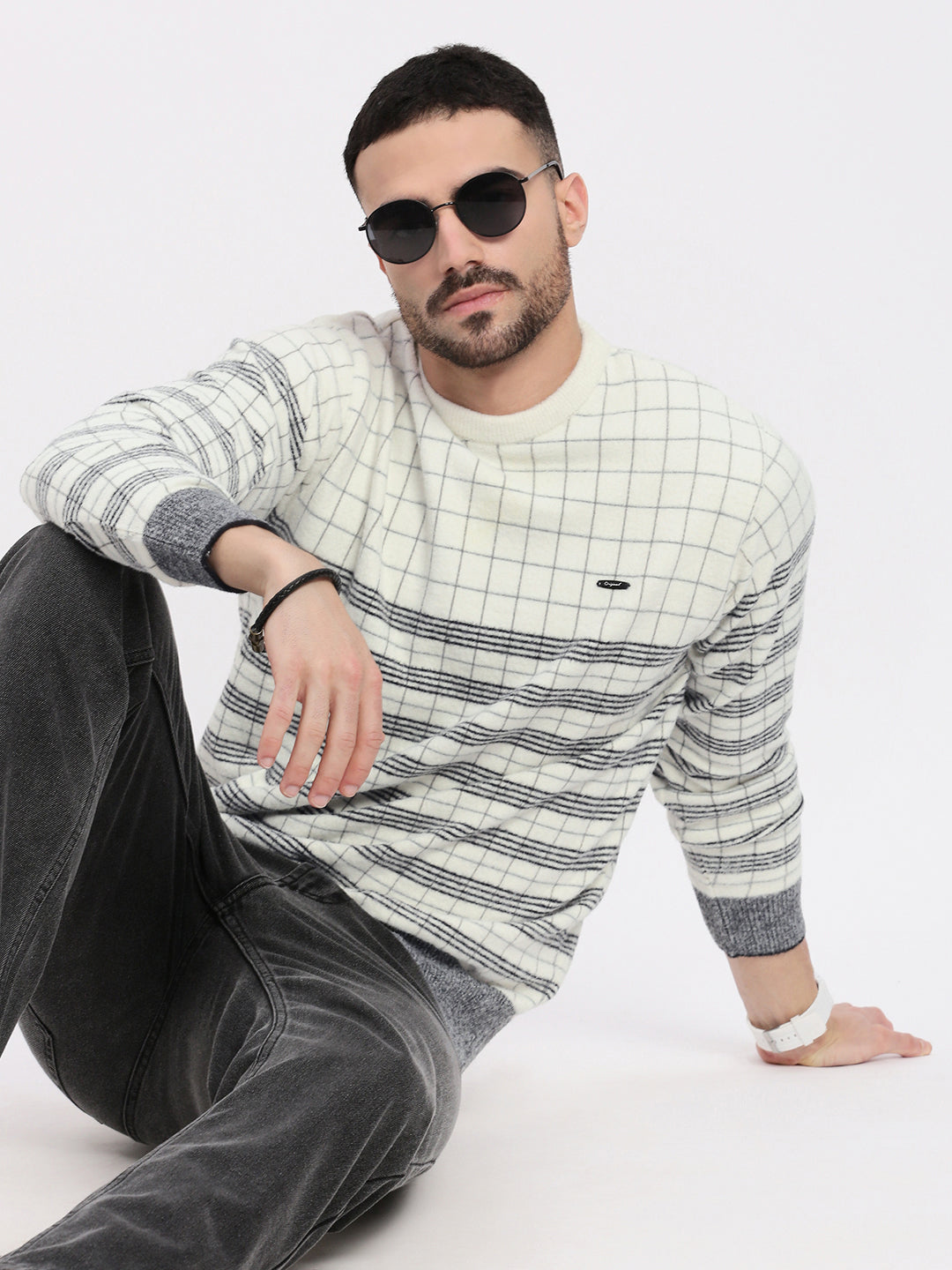 Men White Geometric Sweater