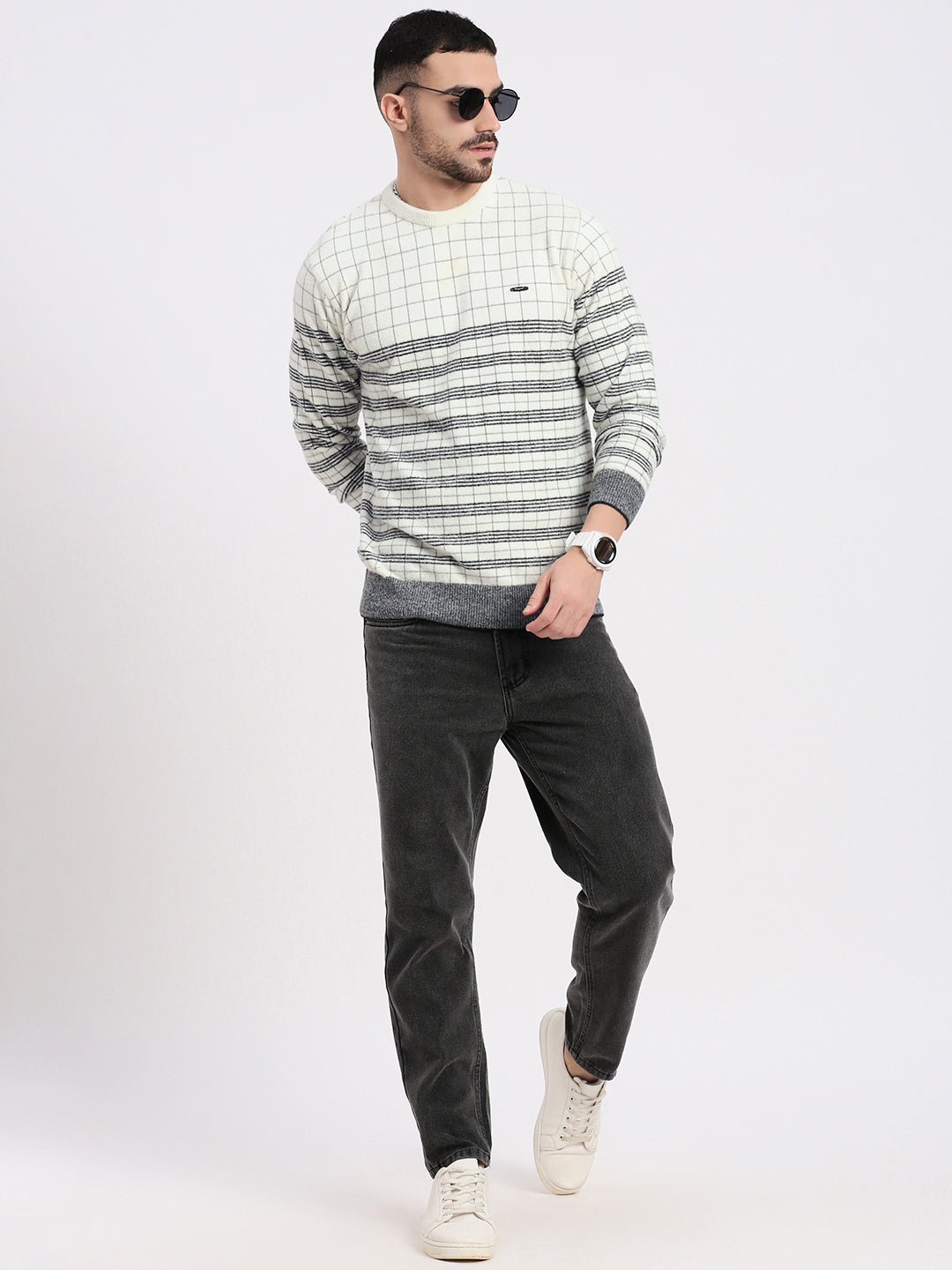 Men White Geometric Sweater