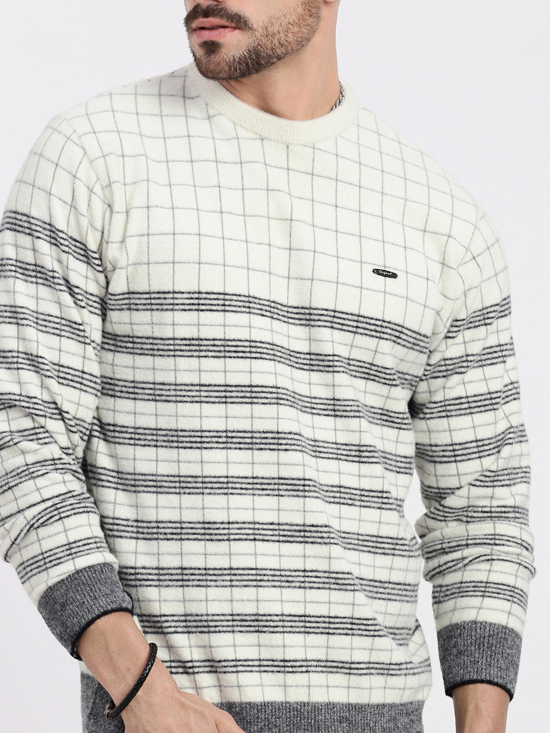 Men White Geometric Sweater