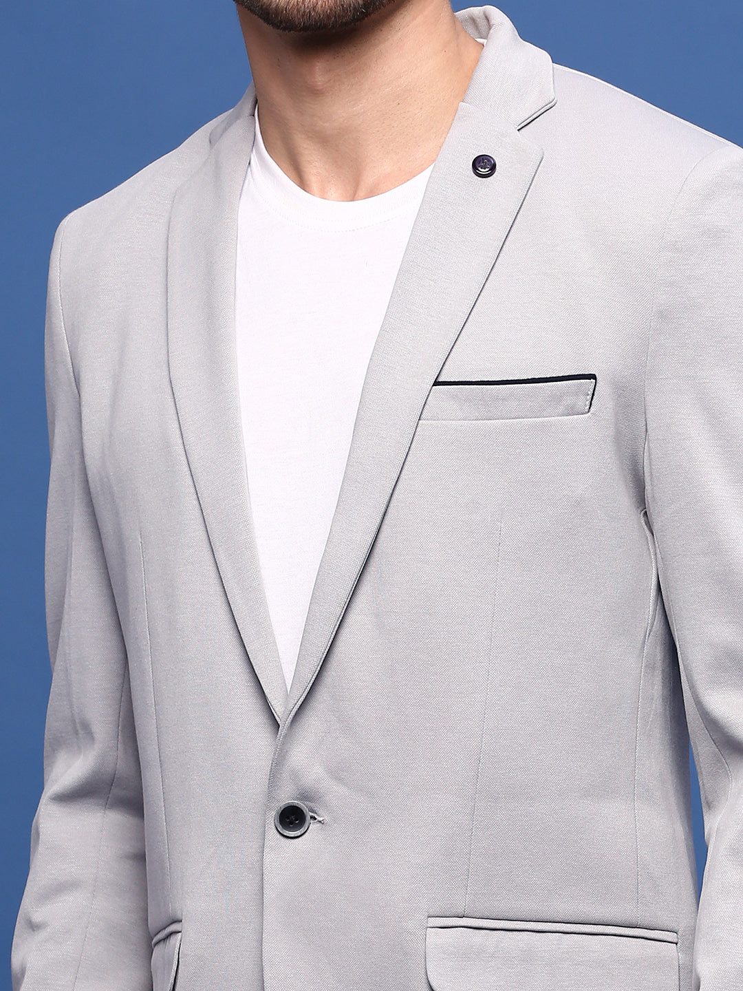 Men Grey Solid Single Breasted Blazer