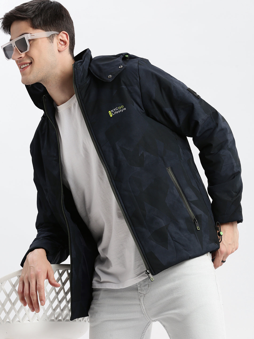 Men Abstract Mock Collar Navy Blue Puffer Jacket Comes with Detachable Hoodie