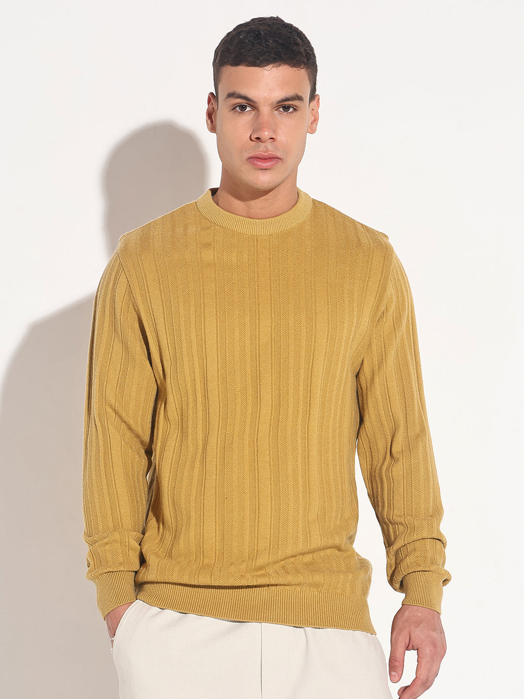 Men's Mustard Ribbed Round Neck Sweater