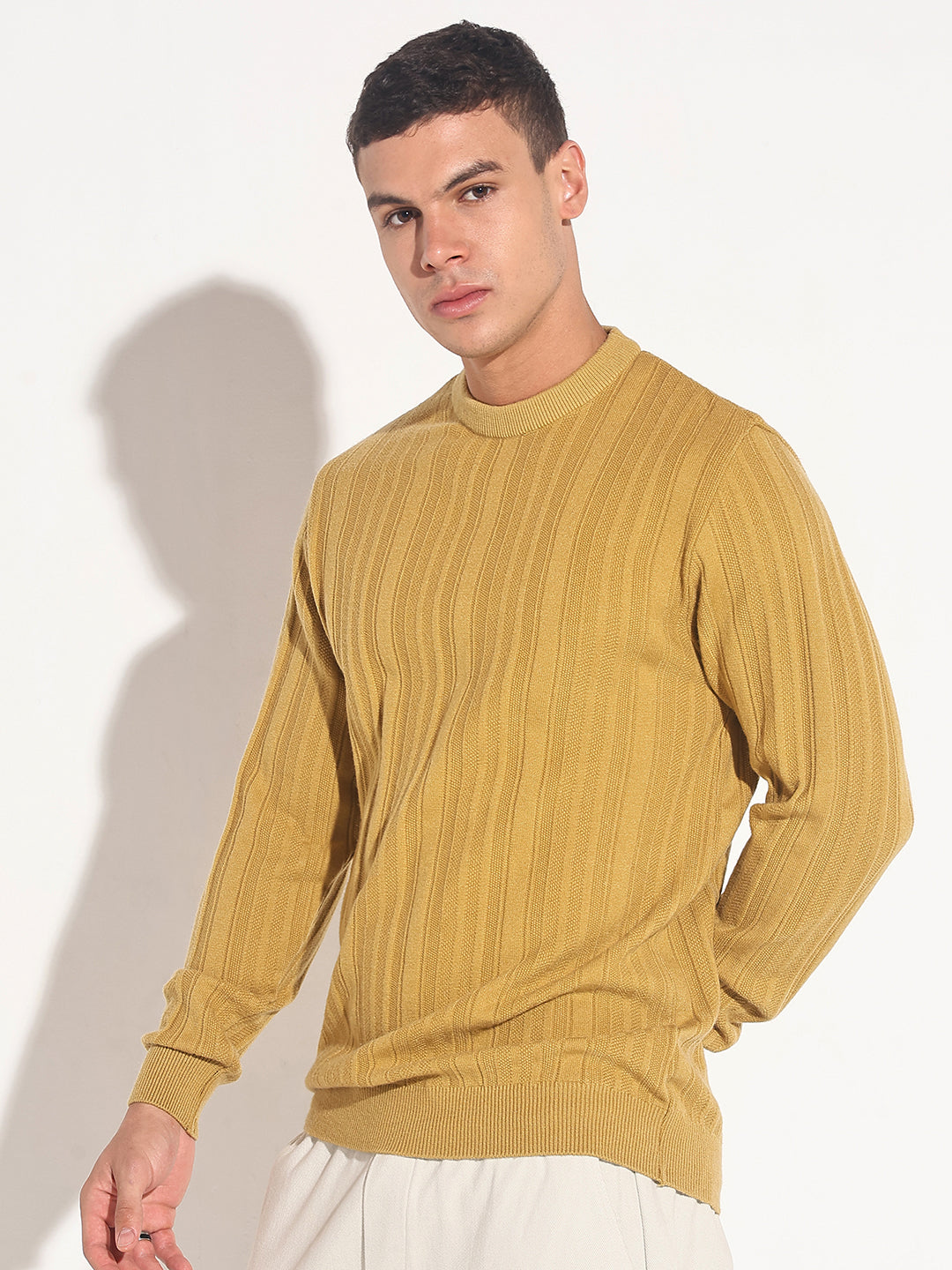 Men's Mustard Ribbed Round Neck Sweater