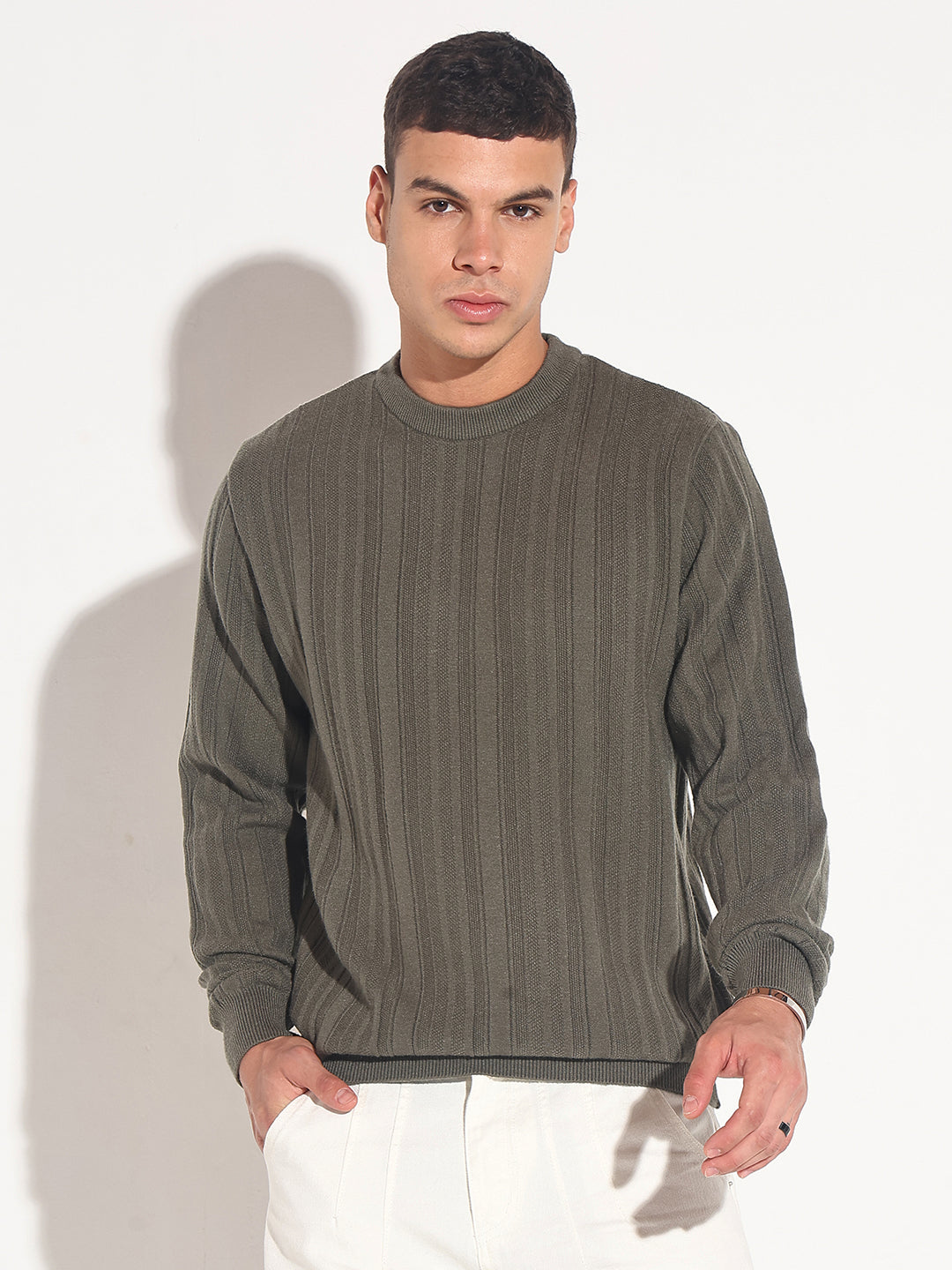 Men's Olive Ribbed Round Neck Sweater