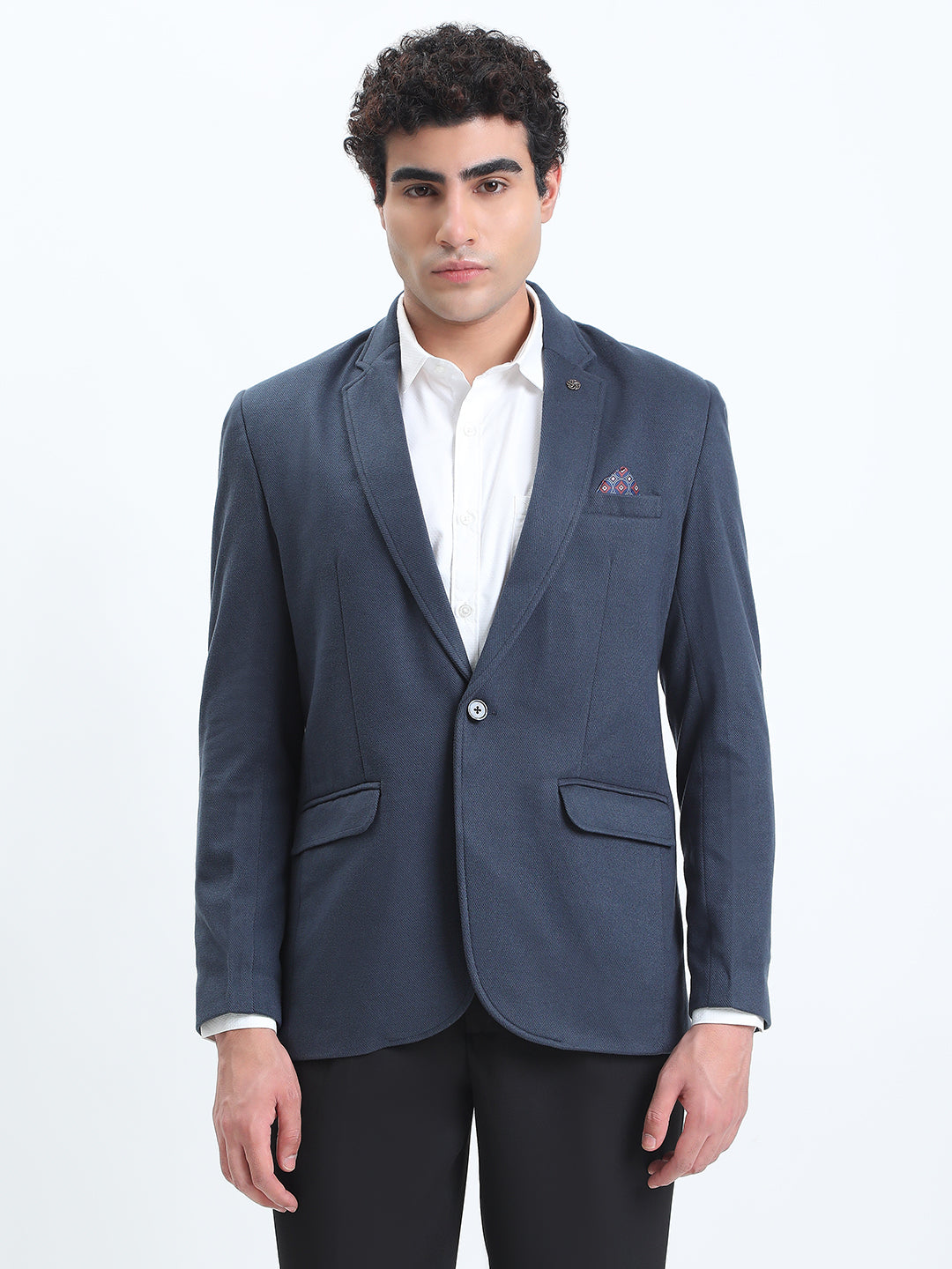 Men's Navy Blue Tailored Single-Breasted Blazer with Notched Lapel