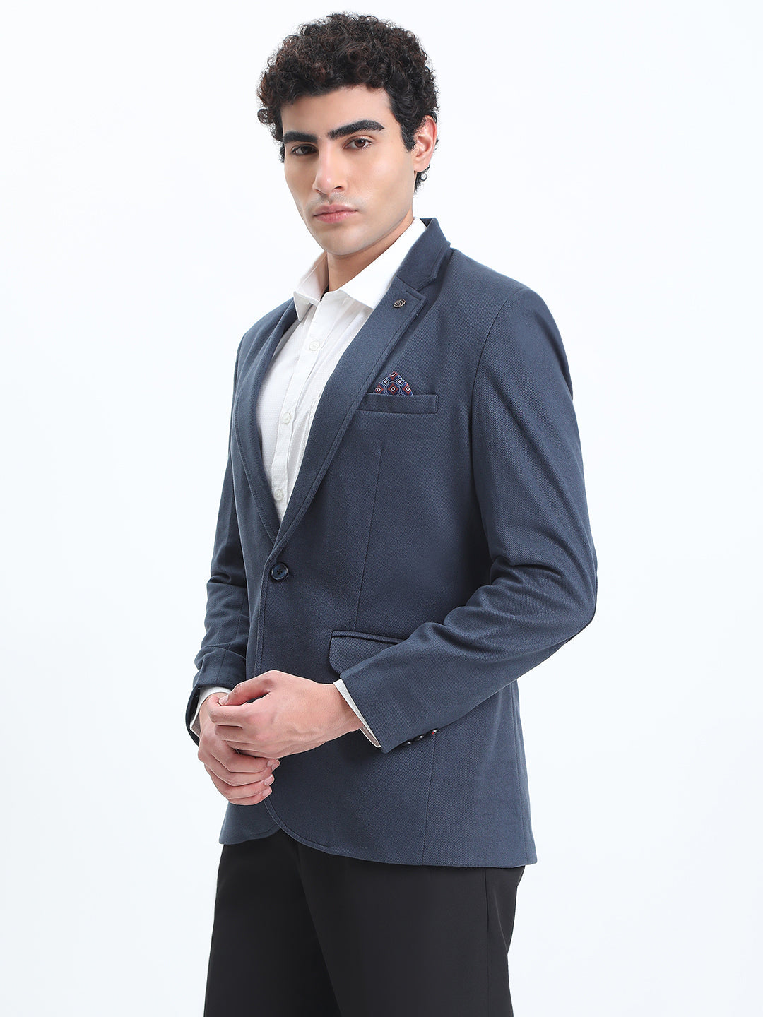 Men's Navy Blue Tailored Single-Breasted Blazer with Notched Lapel