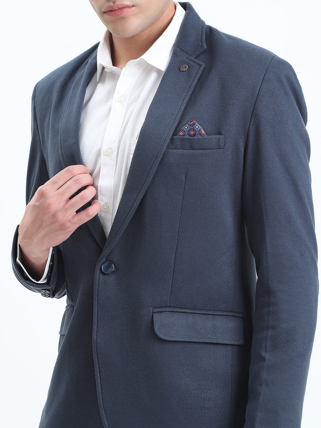 Men's Navy Blue Tailored Single-Breasted Blazer with Notched Lapel