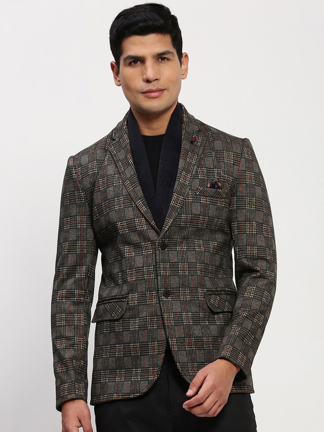 Men Grey Checked Single Breasted Blazer