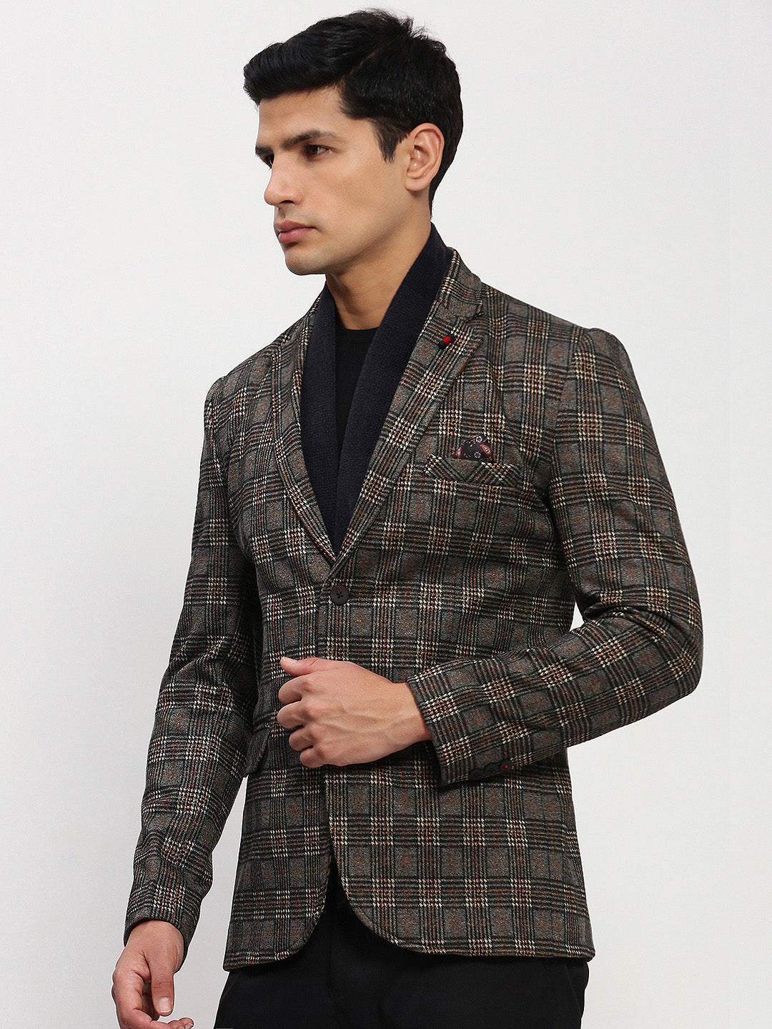 Men Grey Checked Single Breasted Blazer