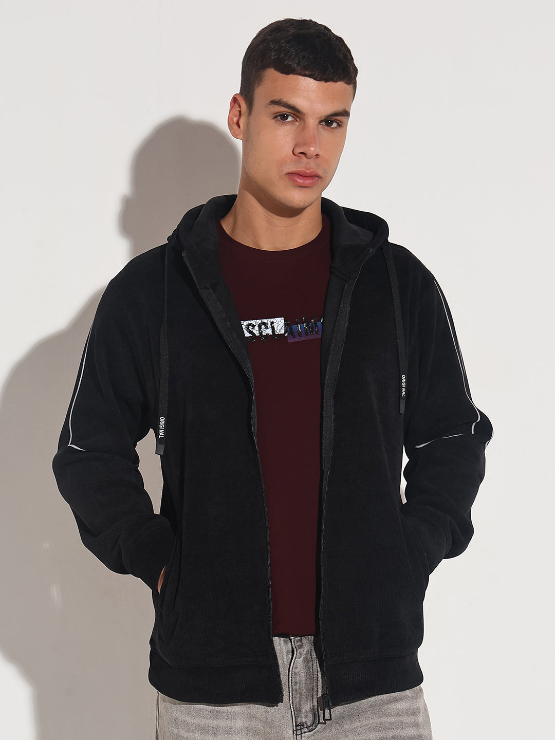 Men's Black Zip-Up Hoodie with Pocket