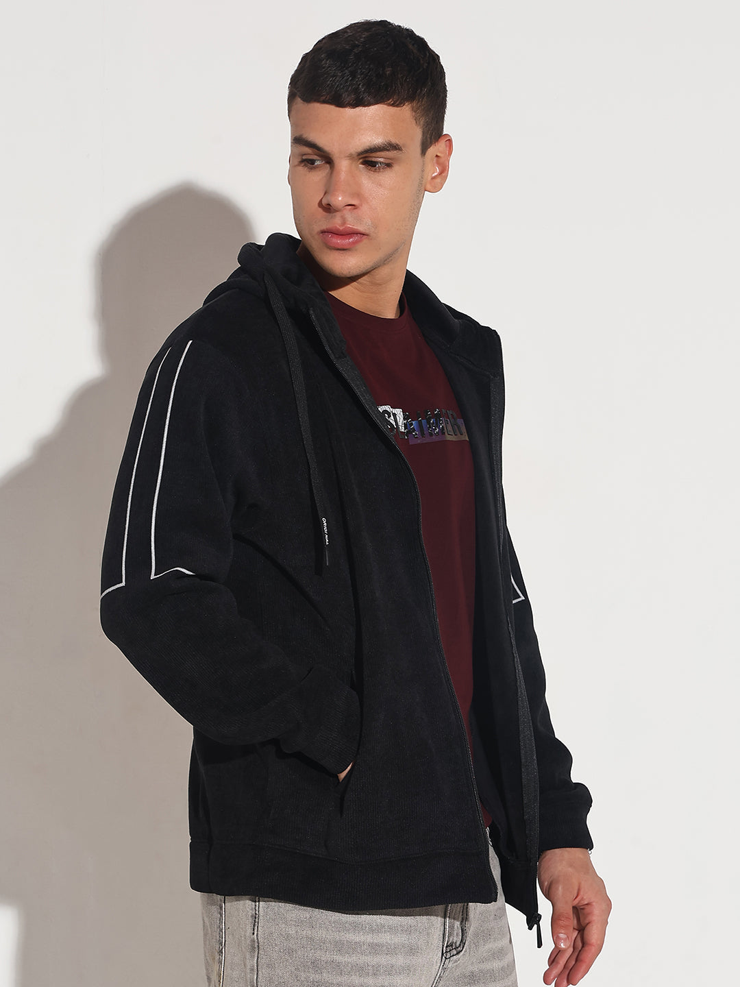 Men's Black Zip-Up Hoodie with Pocket