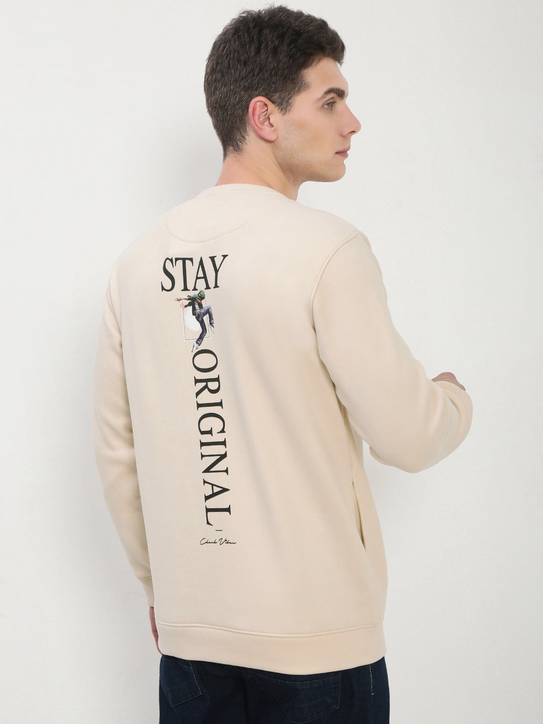 Men's Beige Graphic Print Round Neck Pullover Sweatshirt