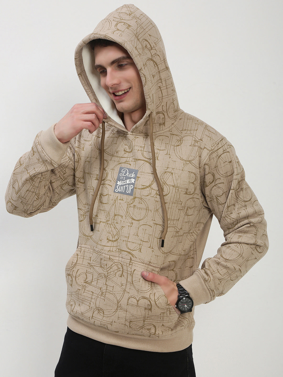 Men's Beige Typography Hooded Pullover Sweatshirt