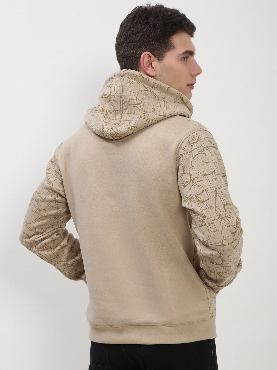 Men's Beige Typography Hooded Pullover Sweatshirt