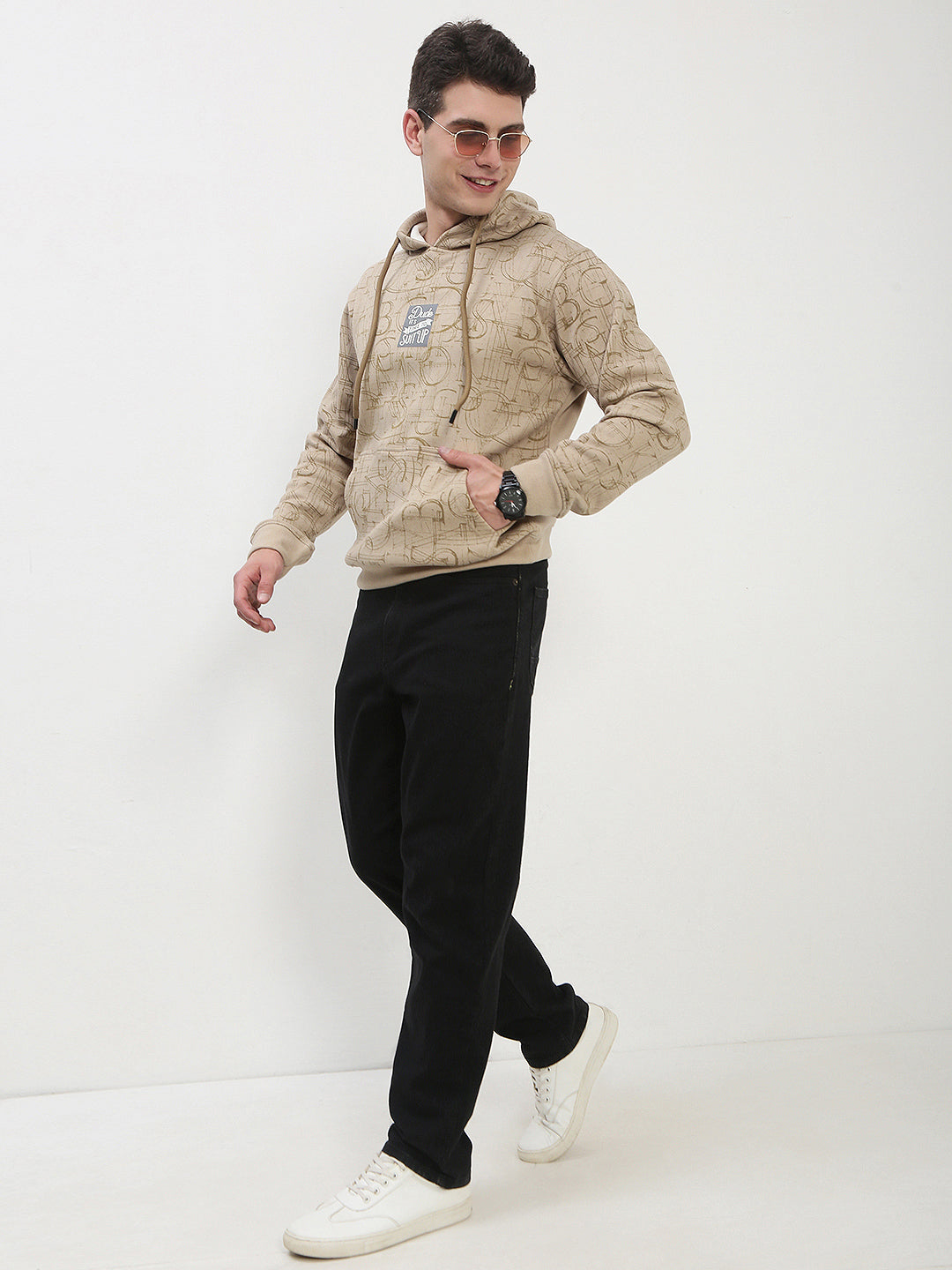 Men's Beige Typography Hooded Pullover Sweatshirt