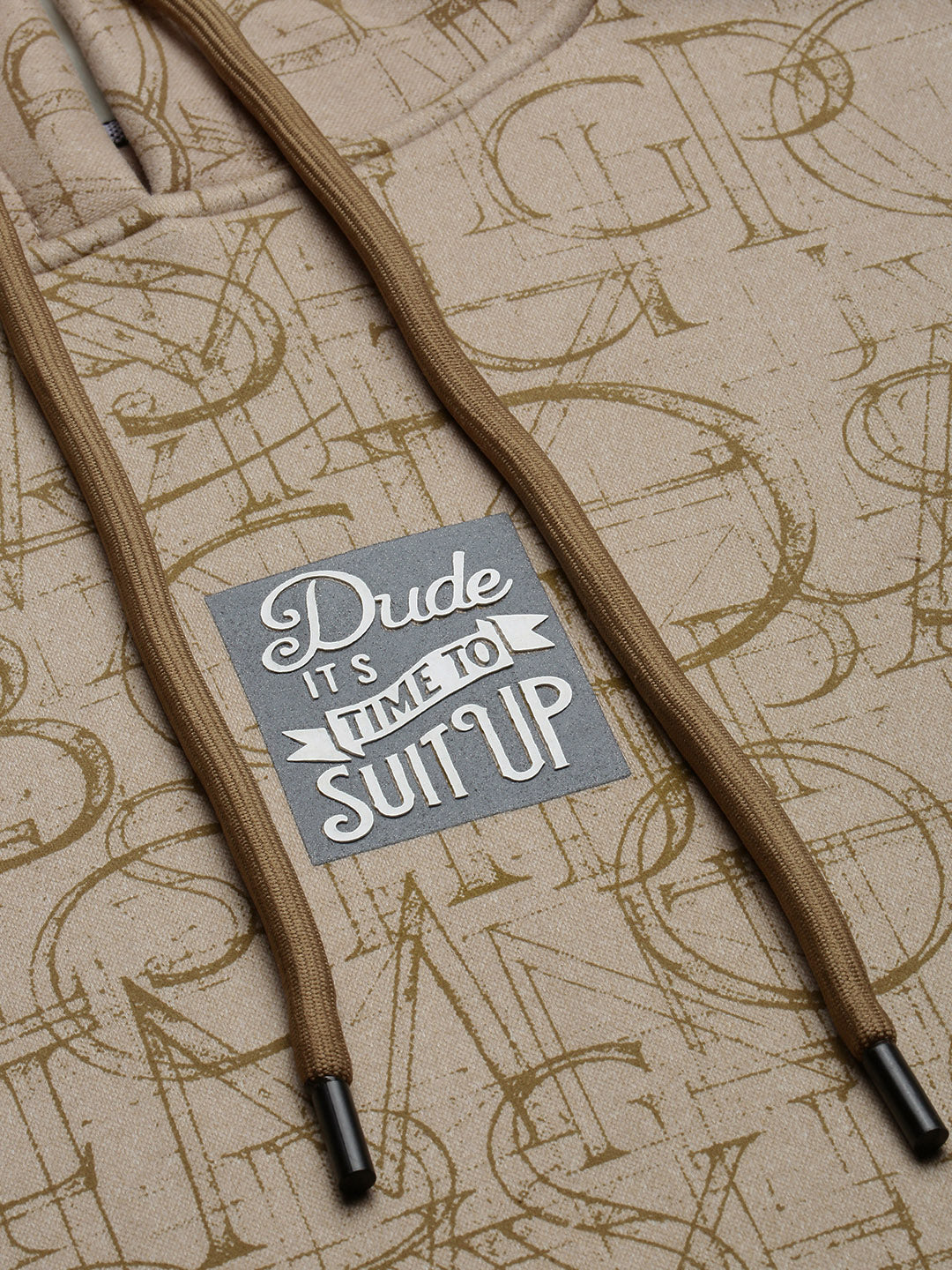 Men's Beige Typography Hooded Pullover Sweatshirt