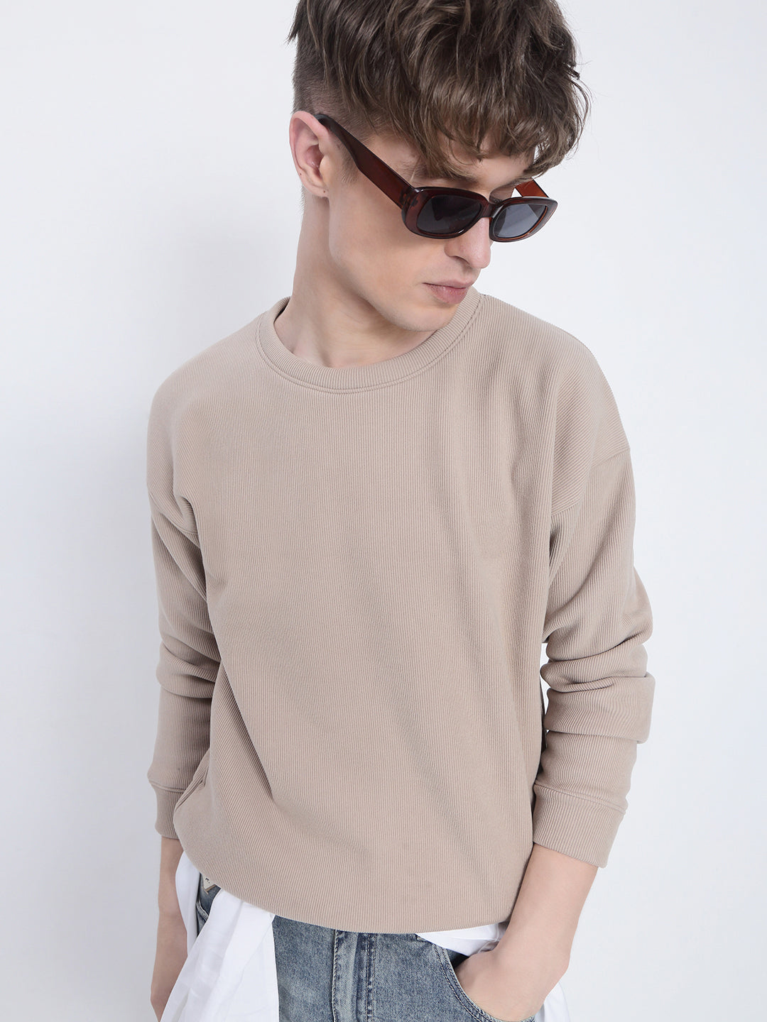 Men's Beige Round Neck Sweatshirt