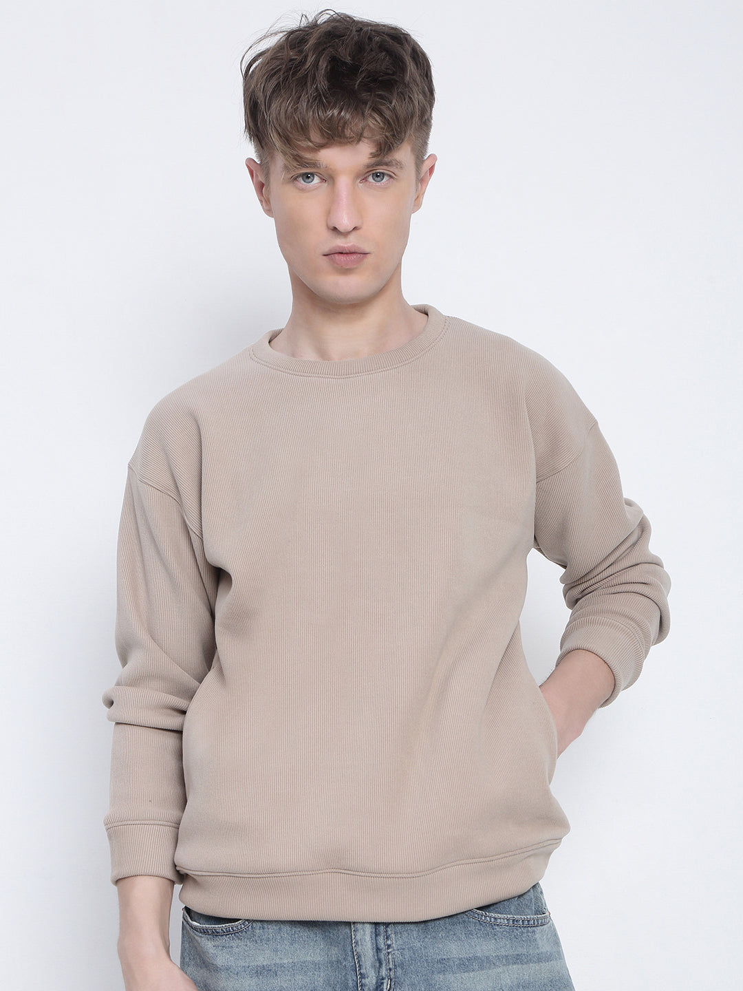 Men's Beige Round Neck Sweatshirt