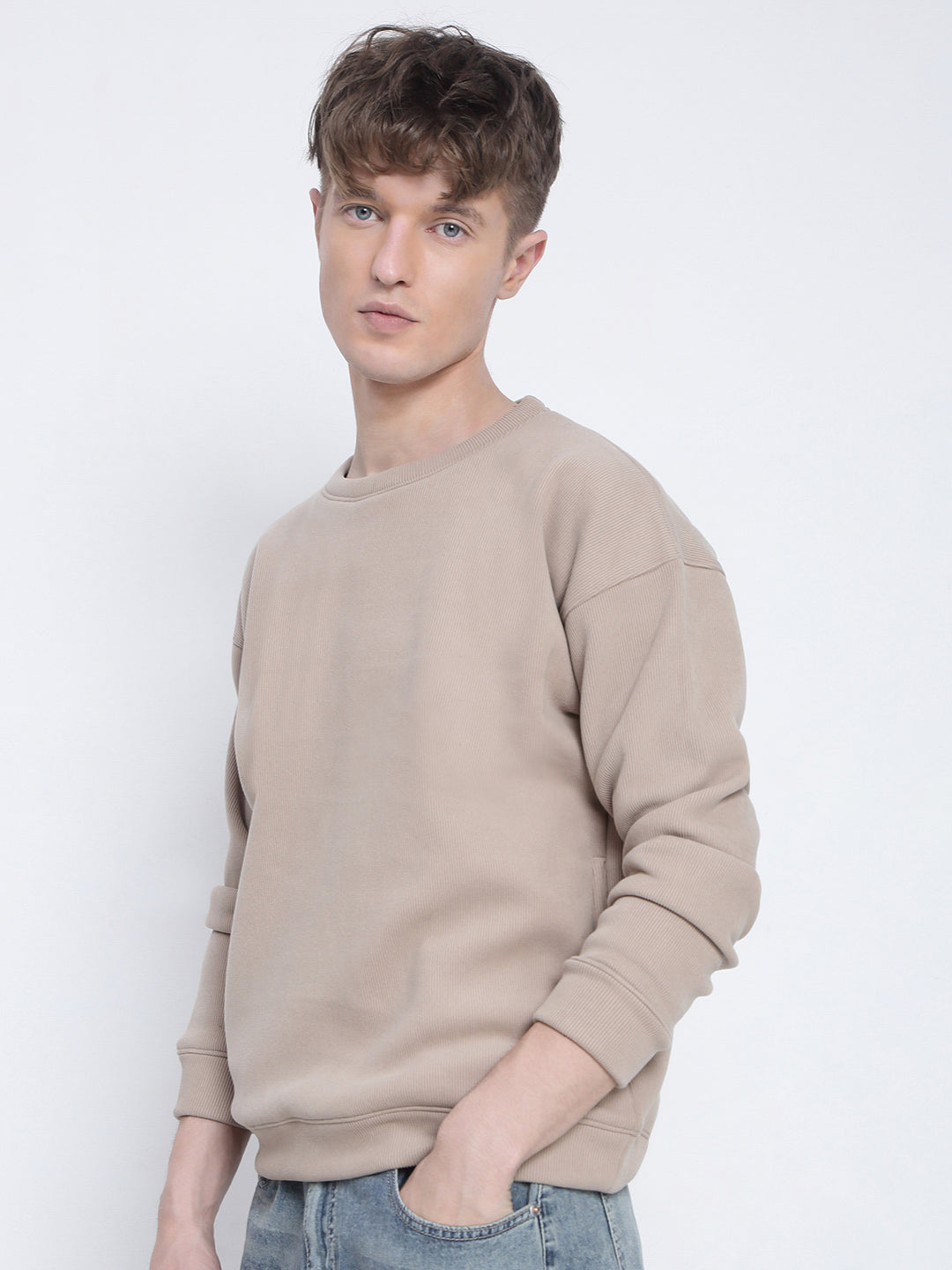 Men's Beige Round Neck Sweatshirt