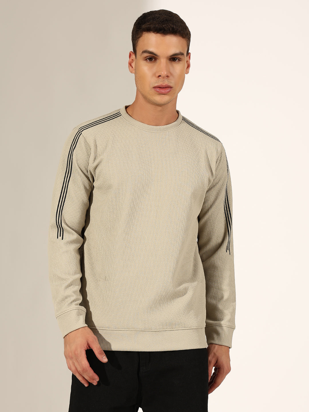 Men's Textured Grey Sweatshirt with Striped Shoulder Detail