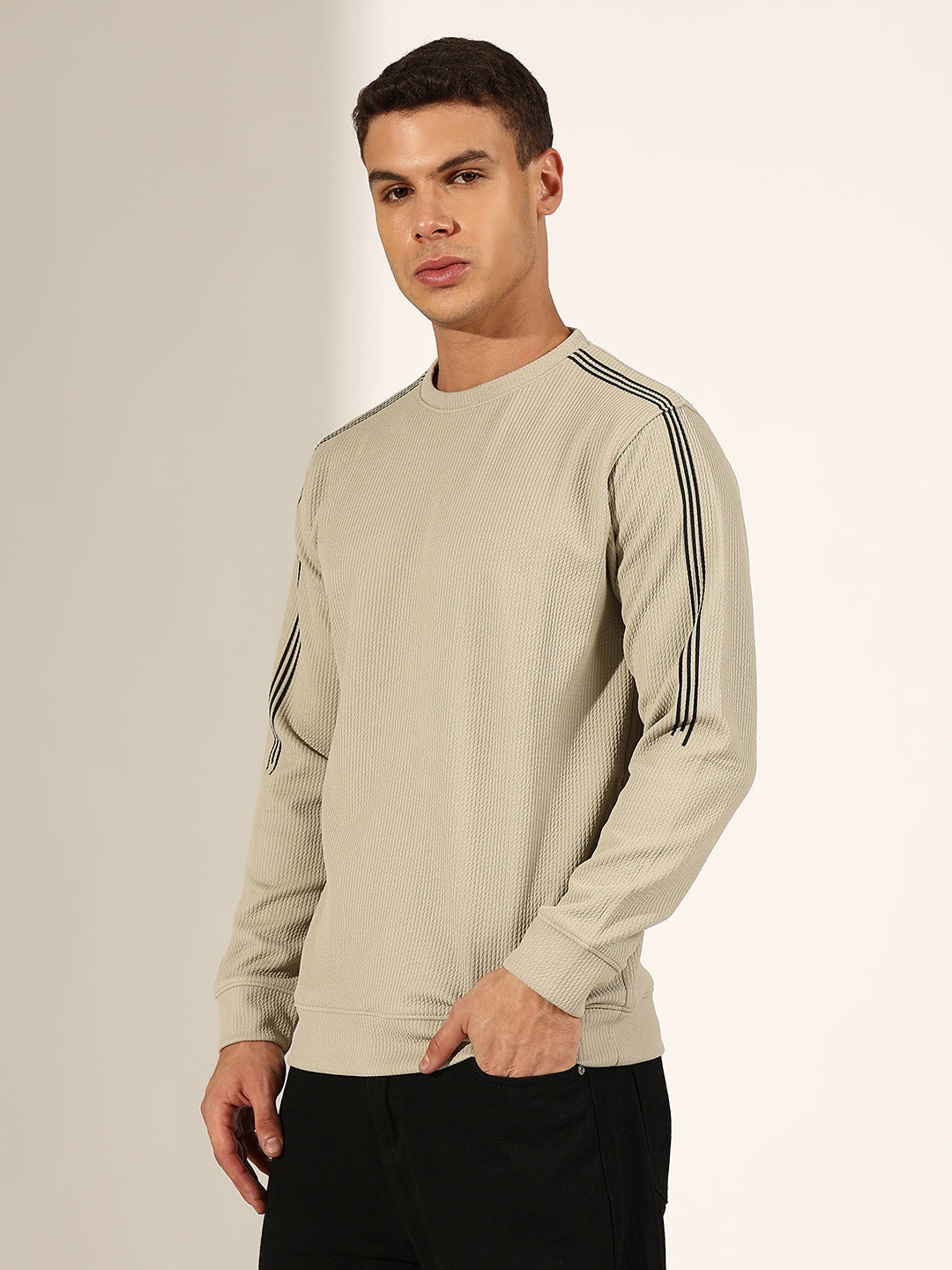 Men's Textured Grey Sweatshirt with Striped Shoulder Detail