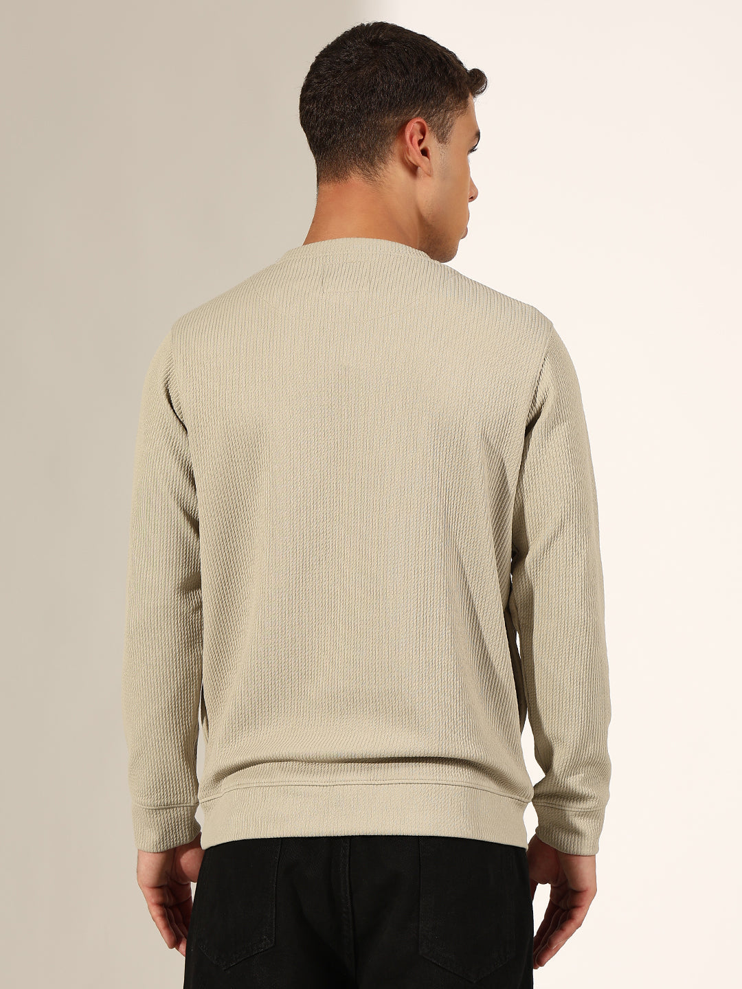 Men's Textured Grey Sweatshirt with Striped Shoulder Detail